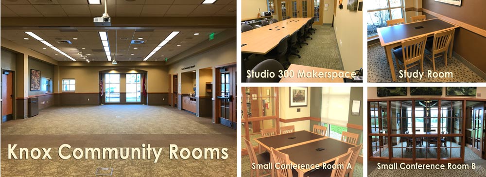Room collage header showing interior shots of the Knox Community Rooms, Studio 300 Makerspace, Study Room, Small Conference Room A and Small Conference Room B
