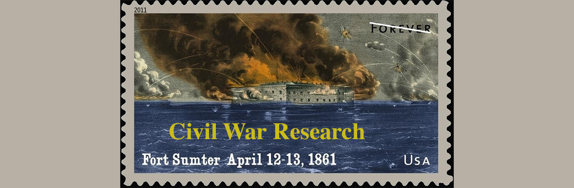 Civil War Research header with stamp showing a battle scene from Fort Sumter in 1861