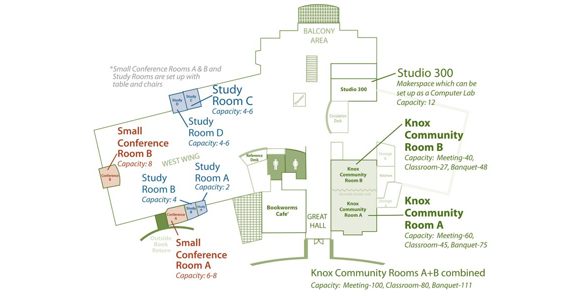 Meeting Room Map depicting the locations of the various meeting rooms at the library