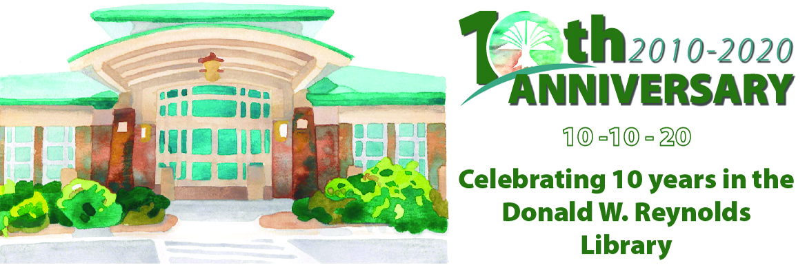 Anniversary banner featuring an illustration of the Library entrance