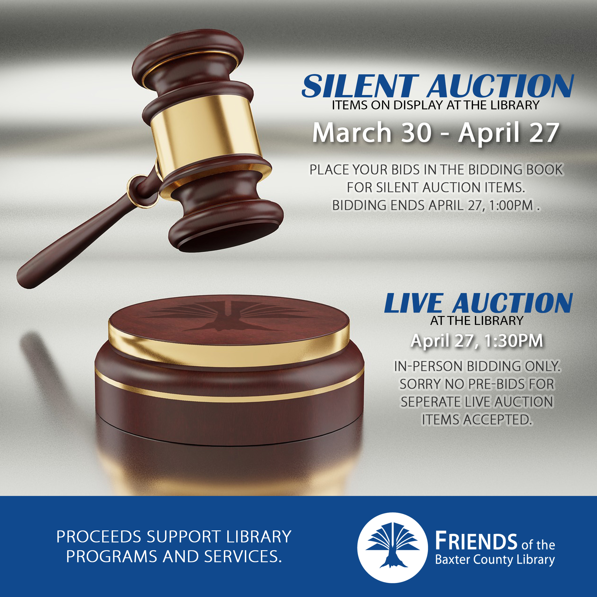 Silent auction ends today at 1pm. Live Auction begins at 1:30pm.