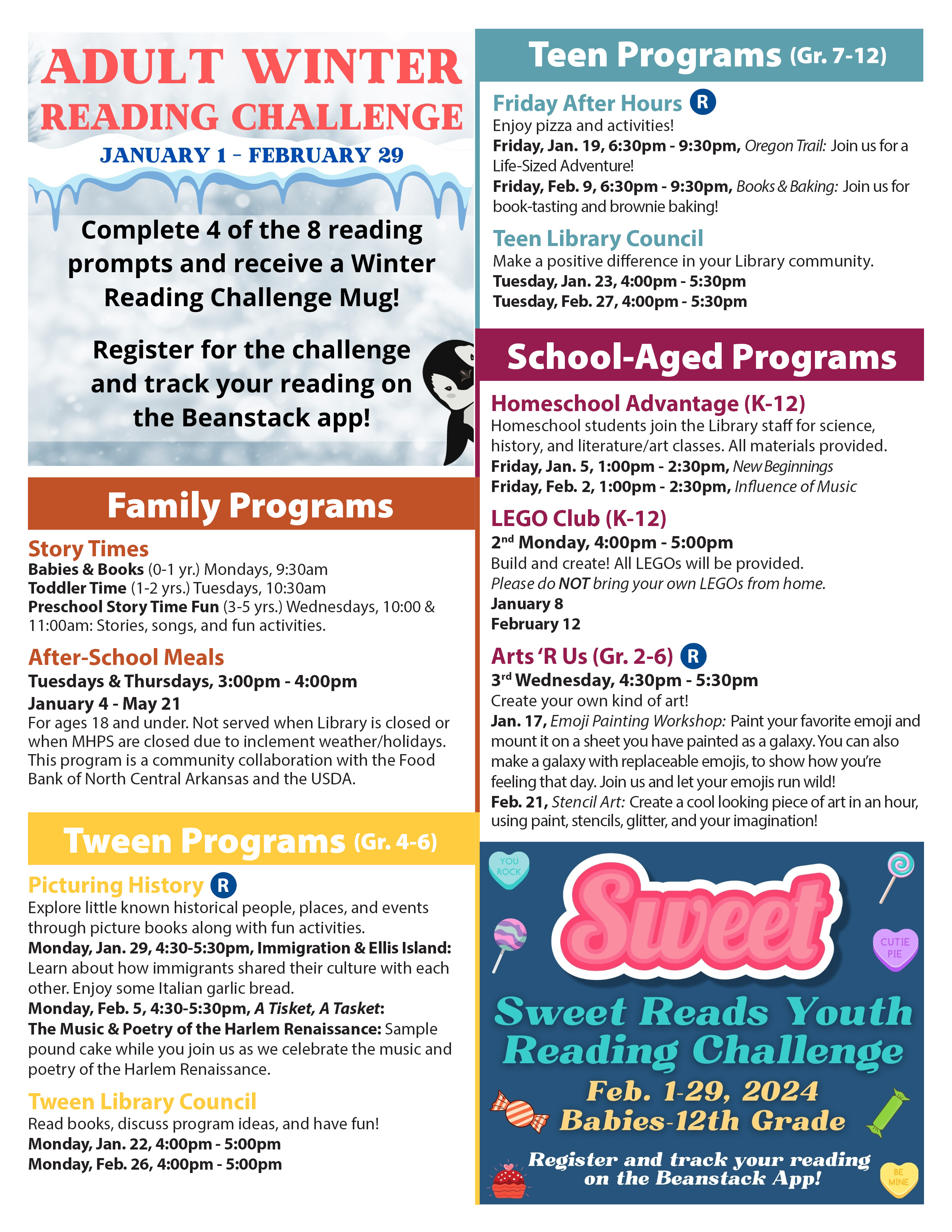 Jan/Feb Program Guide Page 3. Please call the Library for accessibility.