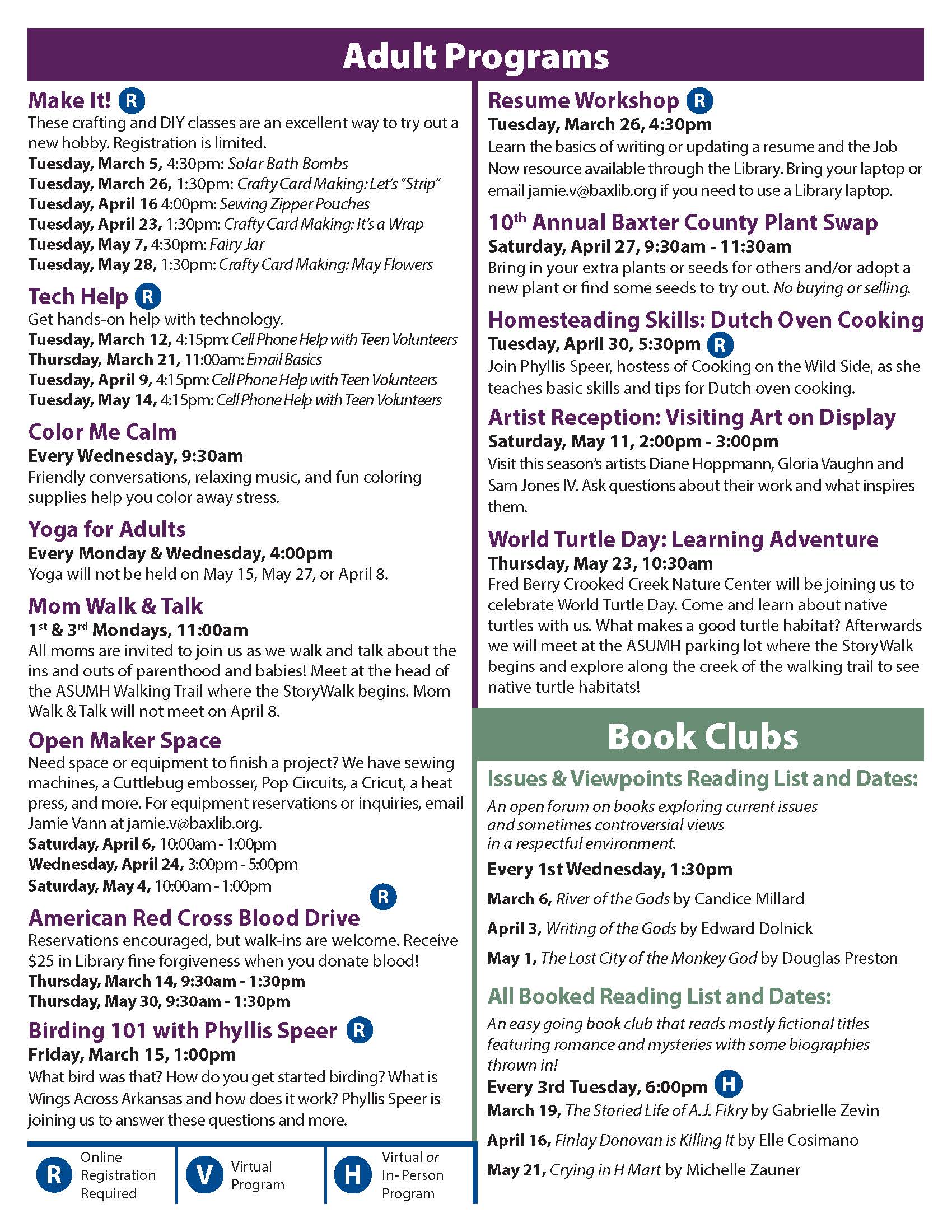 2024_Spring Program Guide page 2. Please call the Library for accessibility 870-580-0987 