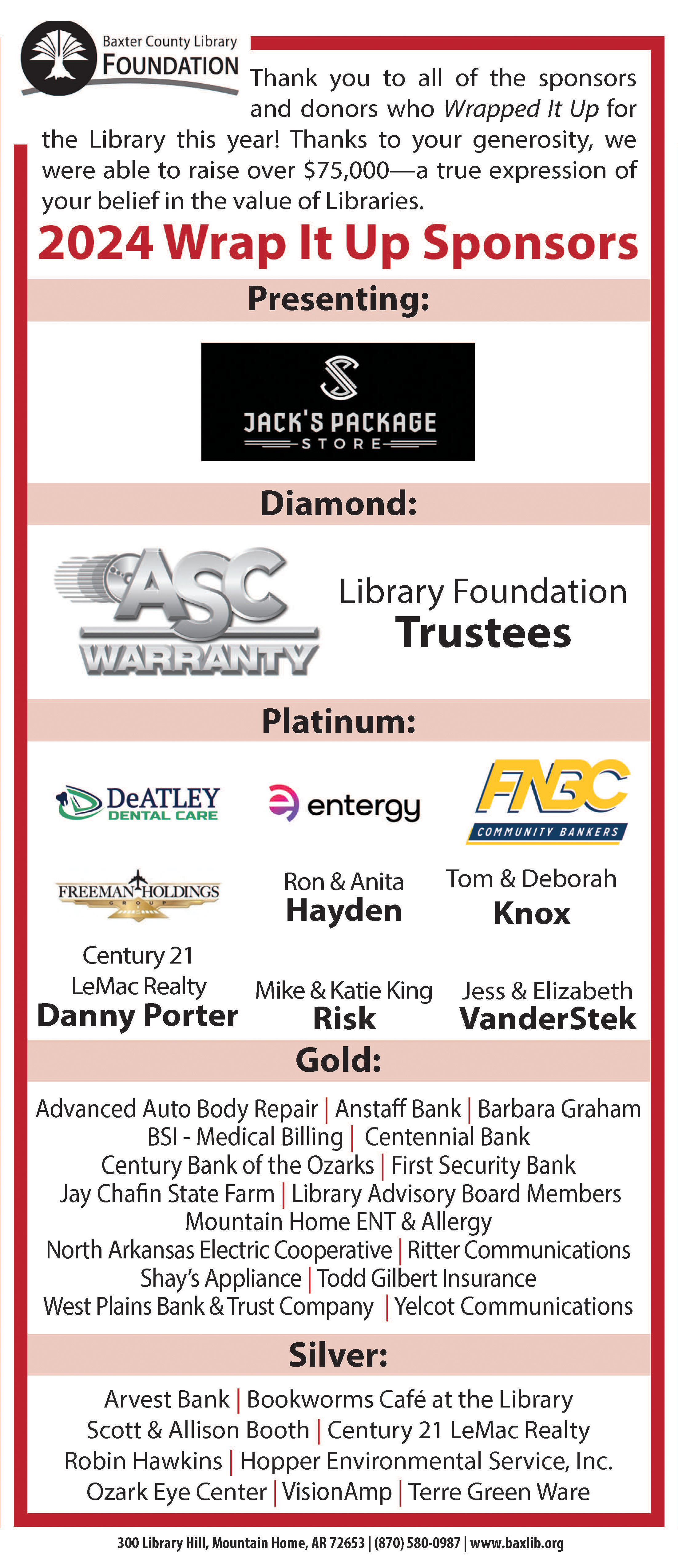 2024 Wrap It Up Sponsors. Please call the Library for accessibility: 870-580-0987