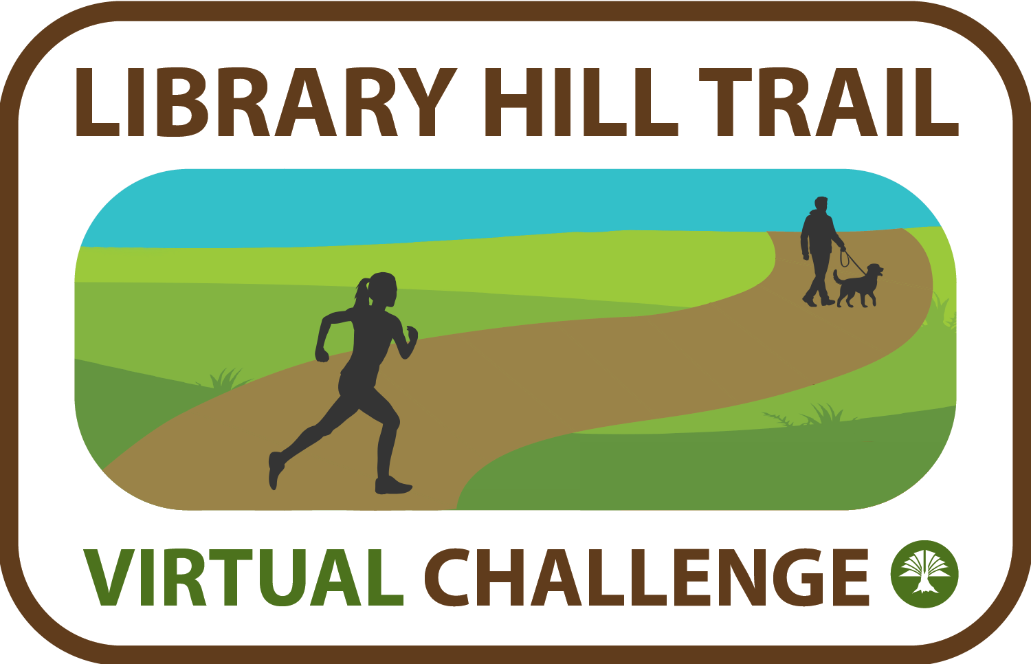 Library Hill Trail Virtual Challenge Logo showing a woman running and a man walking a dog along a trail that cuts through rolling hills.