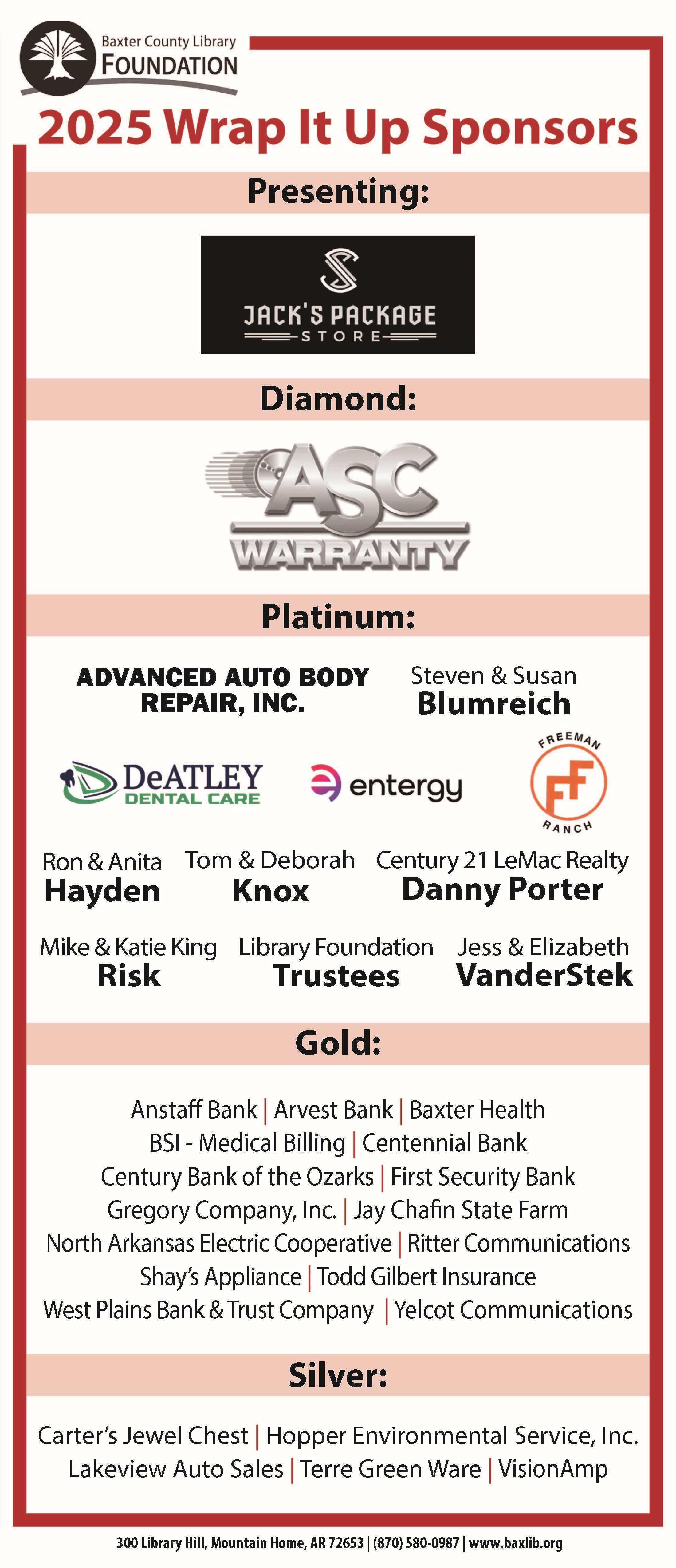 2025 Baxter County Library Foundation Wrap It Up Sponsors. Please call the Library Foundation at 870-580-0705.