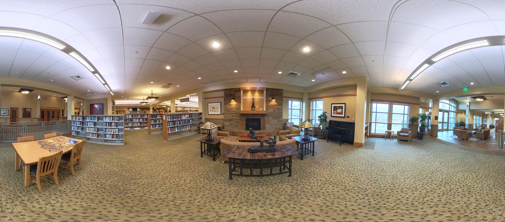 A panoramic view of the fireplace area in the Donald W. Reynolds Library Serving Baxter County.