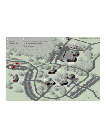 A map of the ASUMH campus with a red X and the words Meet Here denoting the parking lot where the mom walk and talk will meet.